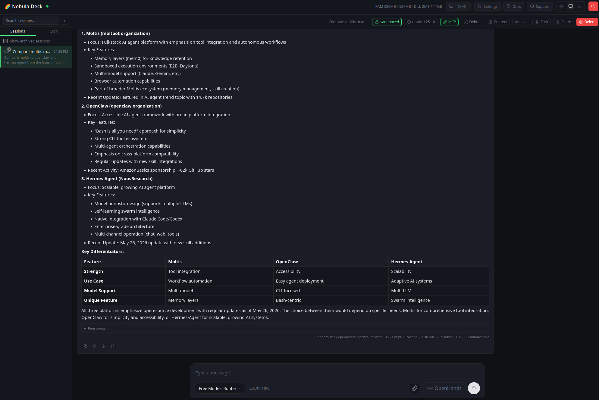 Nebula Deck desktop console showing a comparison session with model usage, sandboxed runtime, and session sidebar.